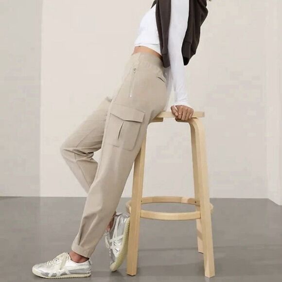 Athleta Pants - Athleta Endless High Rise Cargo Pant Sz 8 Abalone Beige Tapered Travel Trousers